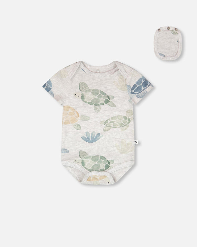 Evolutive Organic Cotton Jersey Onesie Grey Mix Turtle Print-0
