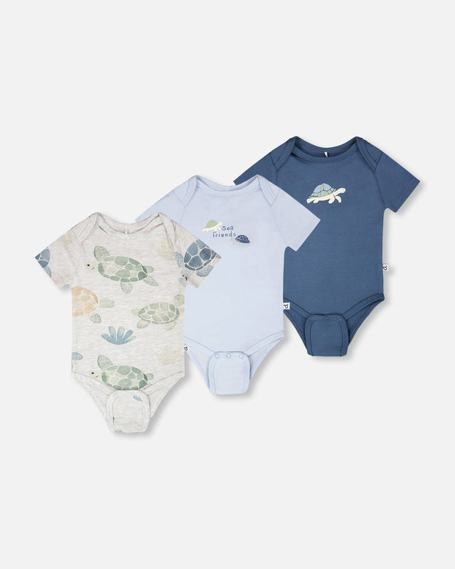 3 Pack Evolutive Organic Cotton Jersey Onesies Grey Mix Turtle Print-0