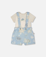 Organic Cotton Jersey Onesie And Muslin Shortall Set White And Blue Turtle Print-0