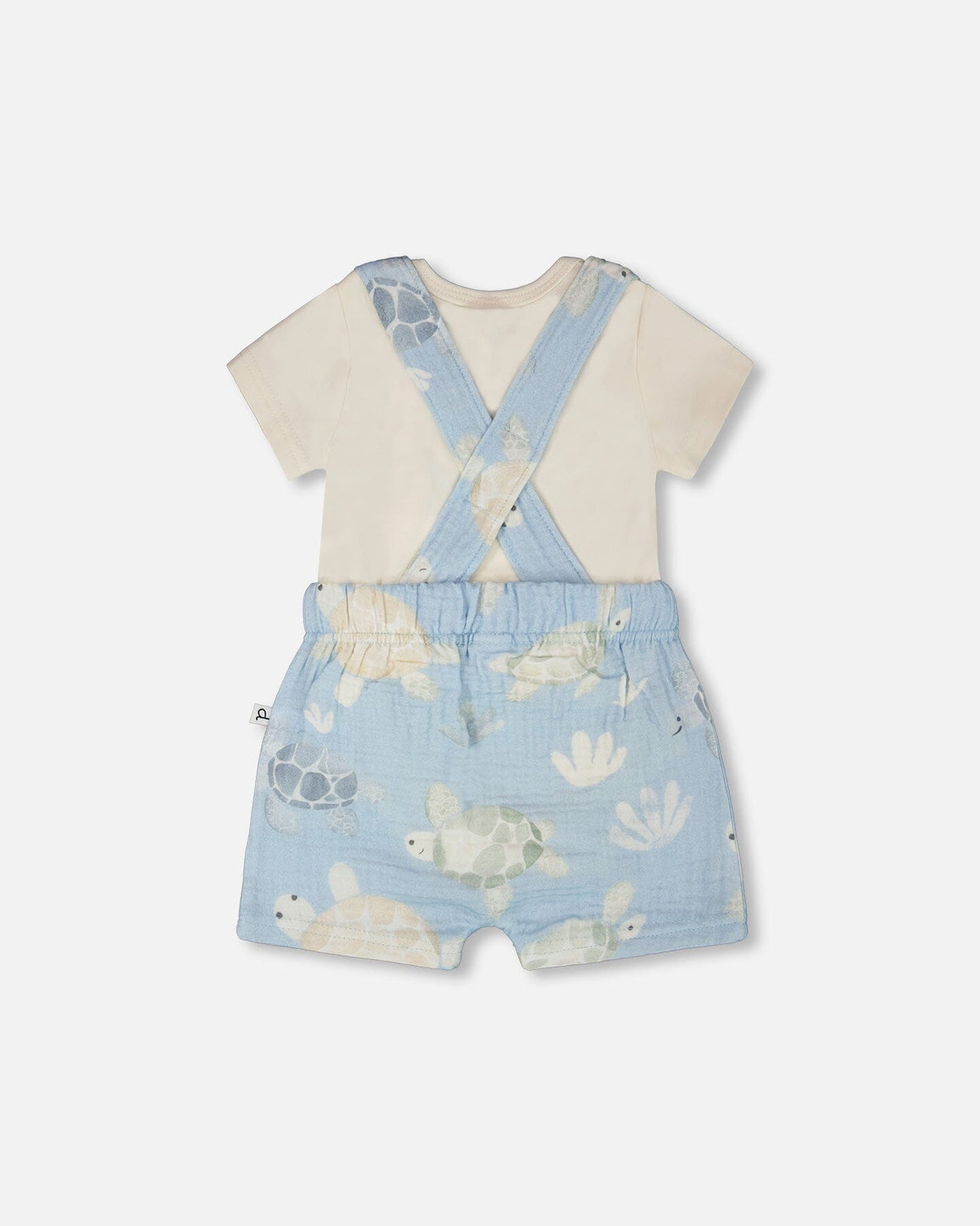 Organic Cotton Jersey Onesie And Muslin Shortall Set White And Blue Turtle Print-2