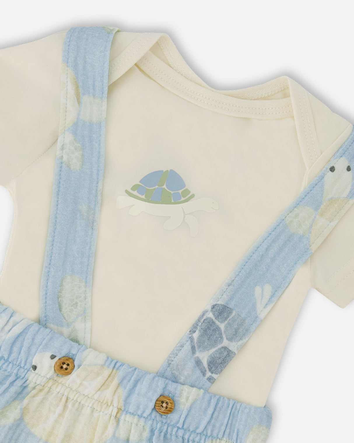 Organic Cotton Jersey Onesie And Muslin Shortall Set White And Blue Turtle Print-3