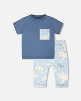 Organic Cotton Jersey T-Shirt And Pants Set Medium Blue And Blue Turtle Print-0