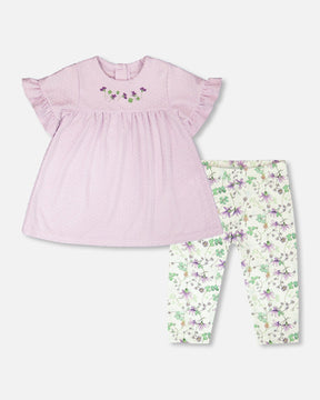 Deux par Deux jersey tunic and capri set in lavender and green printed flowers, front view