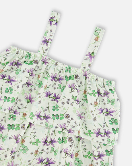 Deux par Deux Jersey Romper With Tiers Green Printed Flowers