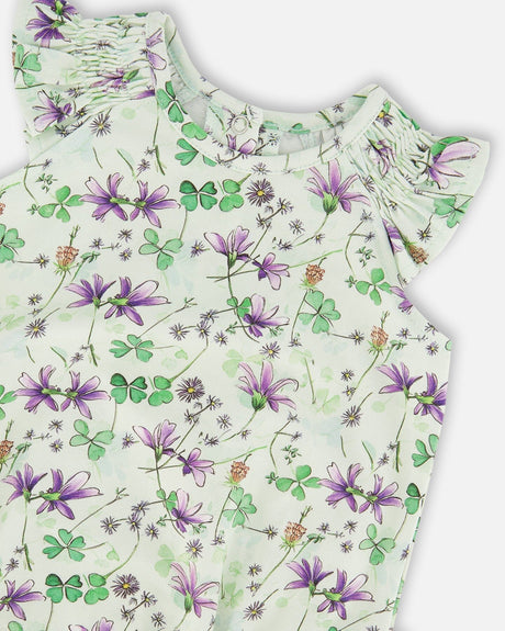 Jersey Romper Green Printed Flowers-2