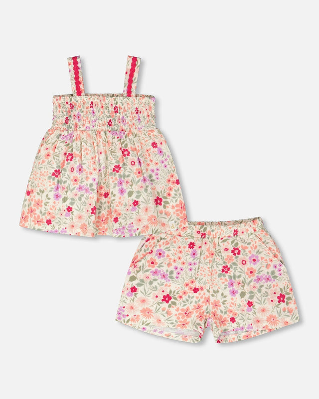 Tank Top With Smocking And Shorts Set In Muslin Off White Printed Flowers-0