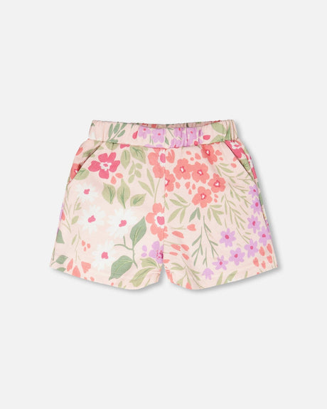 French Terry Shorts Pink Printed Flowers-0