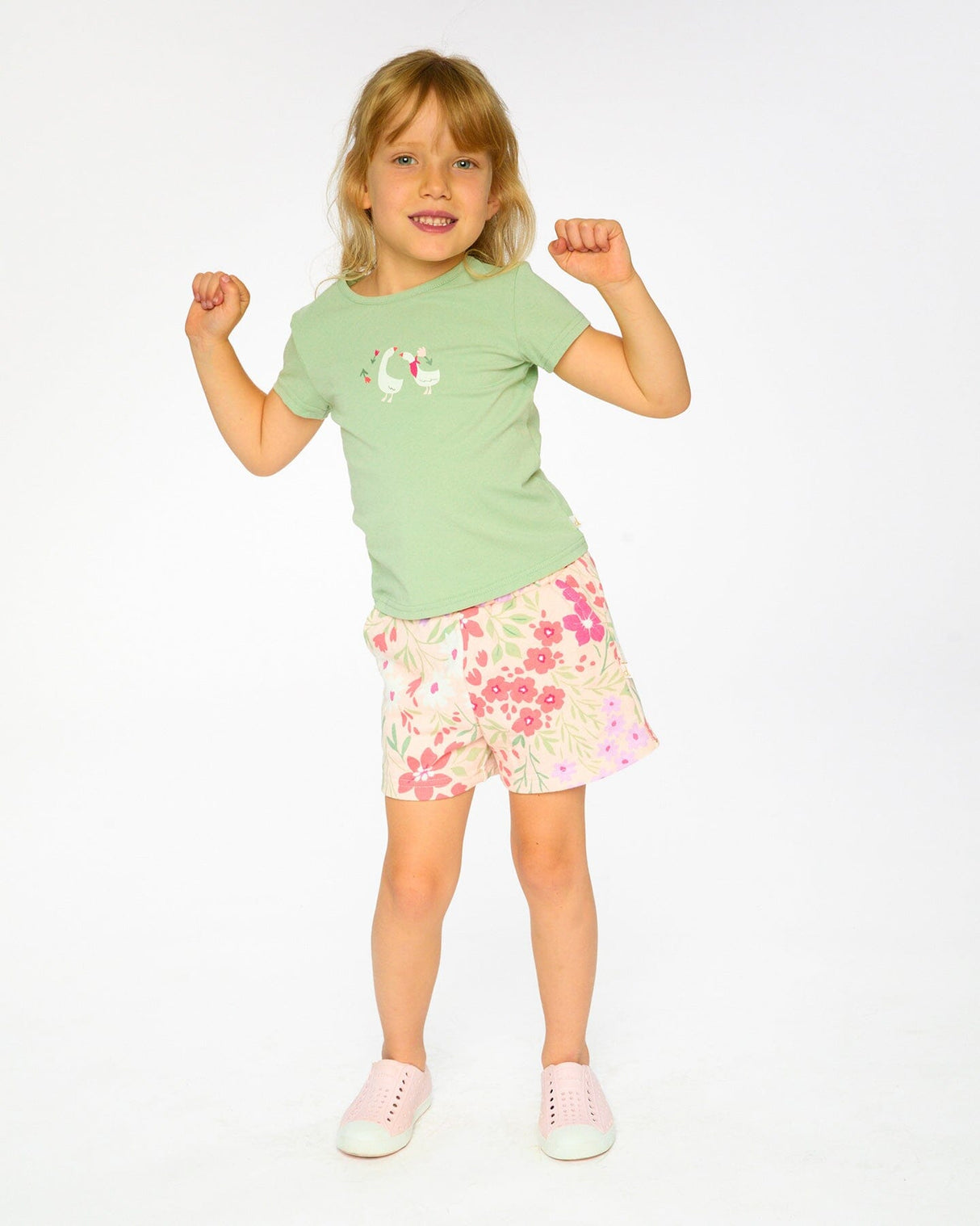 French Terry Shorts Pink Printed Flowers-2