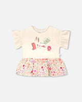 Organic Cotton Bi-Material Tunic Beige Flowers Print-0