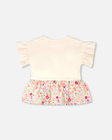 Organic Cotton Bi-Material Tunic Beige Flowers Print-3