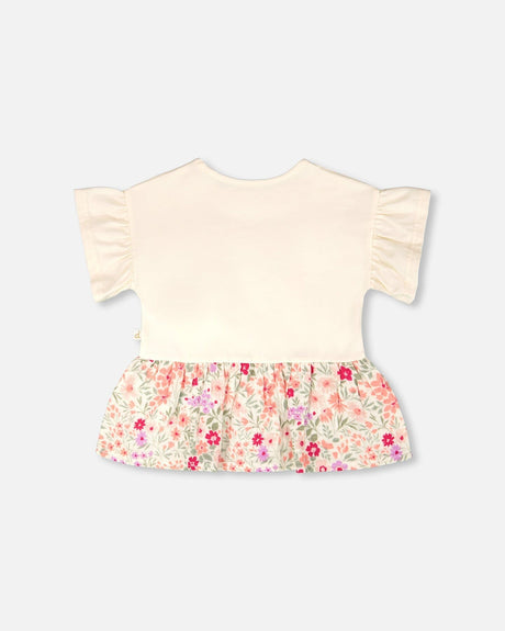 Organic Cotton Bi-Material Tunic Beige Flowers Print-3