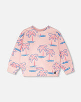 French Terry Sweatshirt Light Pink Palm Print-0