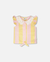 Sleeveless Shirt Pink And Yellow Stripes With Crochet Collar-0