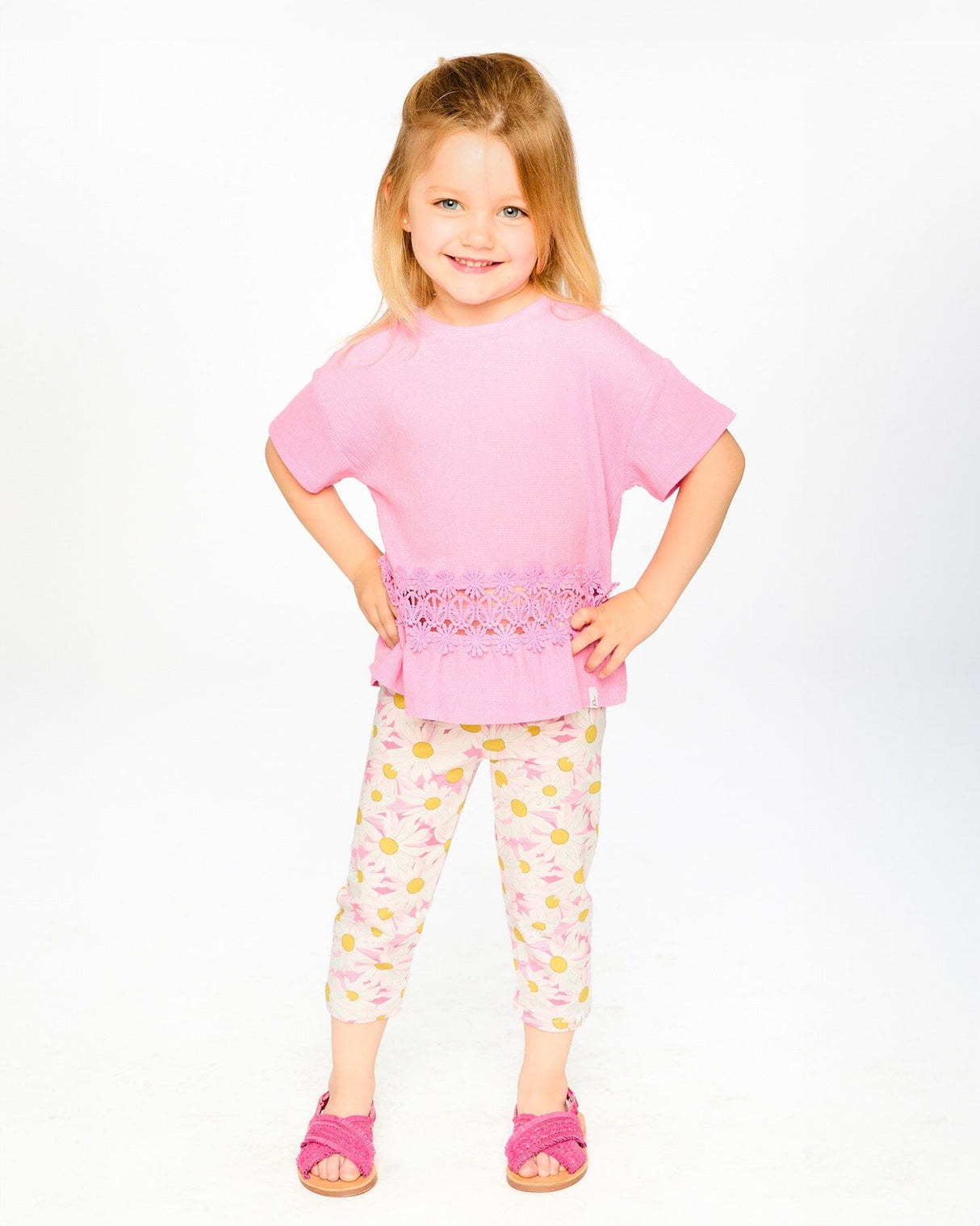 Crinkle Jersey Long T-Shirt With Crochet Insert Pink-1