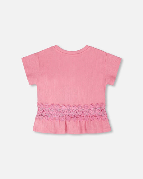 Crinkle Jersey Long T-Shirt With Crochet Insert Pink-2
