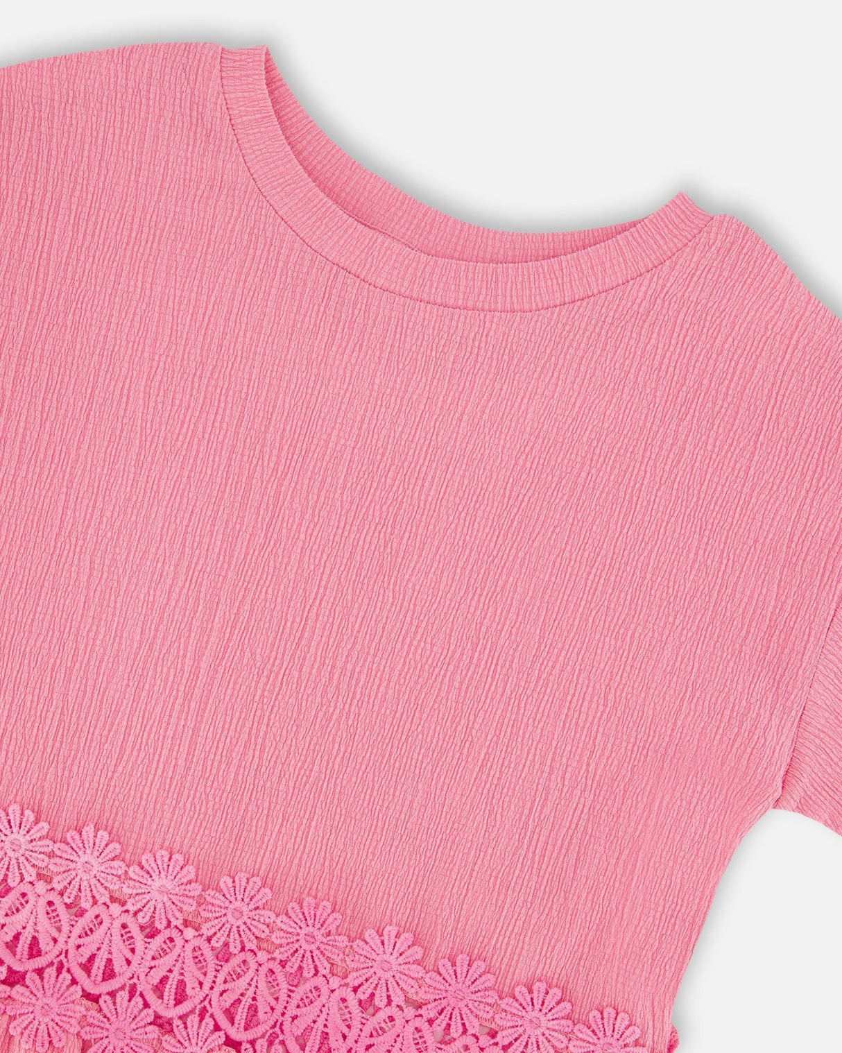 Crinkle Jersey Long T-Shirt With Crochet Insert Pink-3