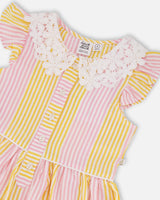 Sleeveless Dress With Crochet Peter Pan Collar Pink And Yellow Stripes-2