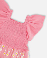Mesh And Crinkle Jersey Dress With Smocking Pink-3