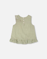 Top Green & Off White Stripes With Embroidered Ruffle-2