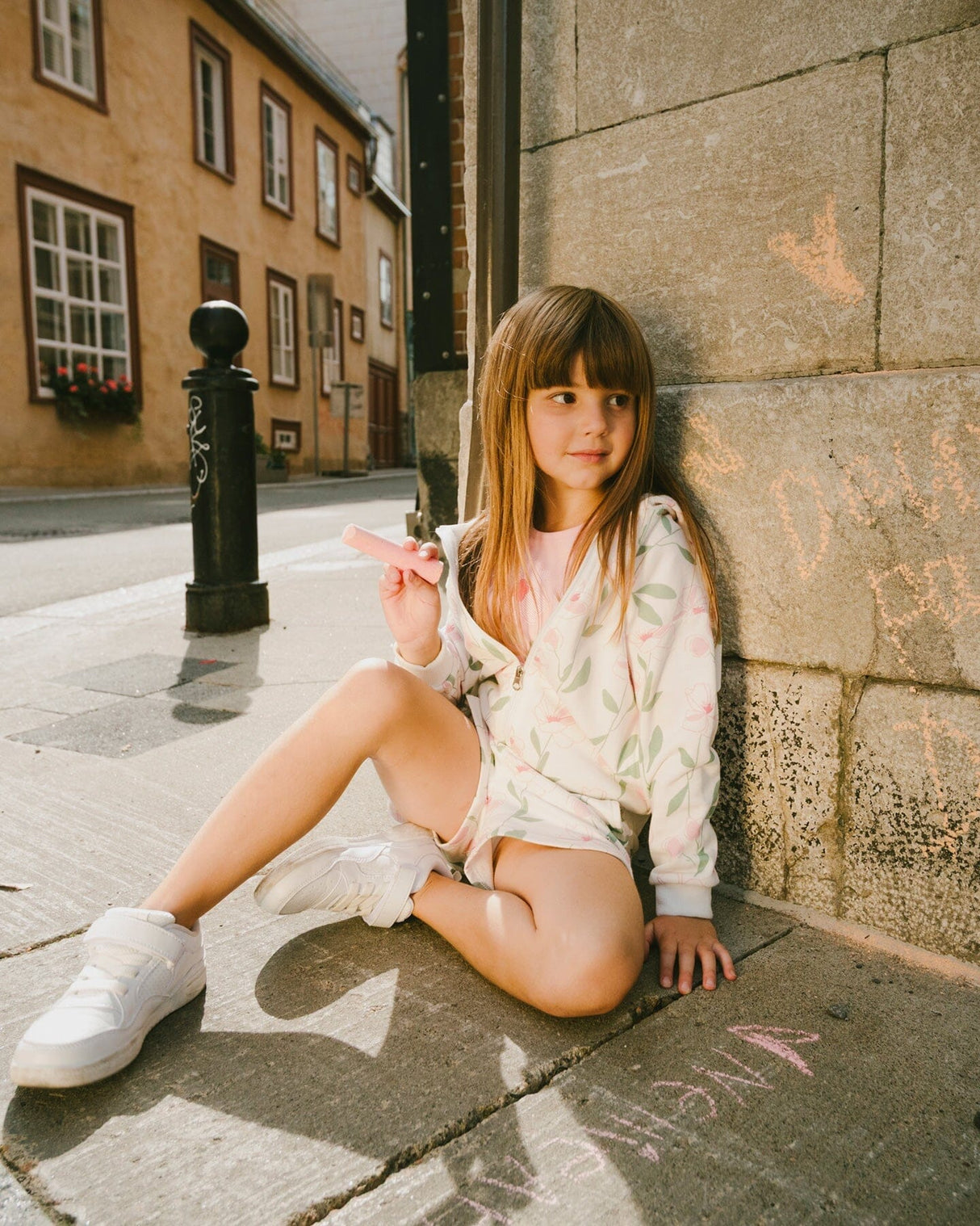 French Terry Hoodie Off White Printed Flowers-1