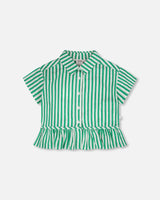 Short Sleeve Striped Button Down Shirt Green-0