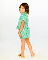 Short Sleeve Striped Button Down Shirt Green-1
