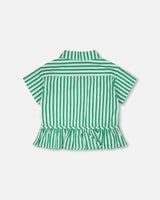 Short Sleeve Striped Button Down Shirt Green-2