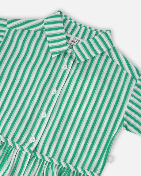Short Sleeve Striped Button Down Shirt Green-3