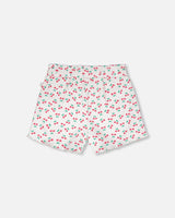 Rib Shorts White Printed Cherries-1