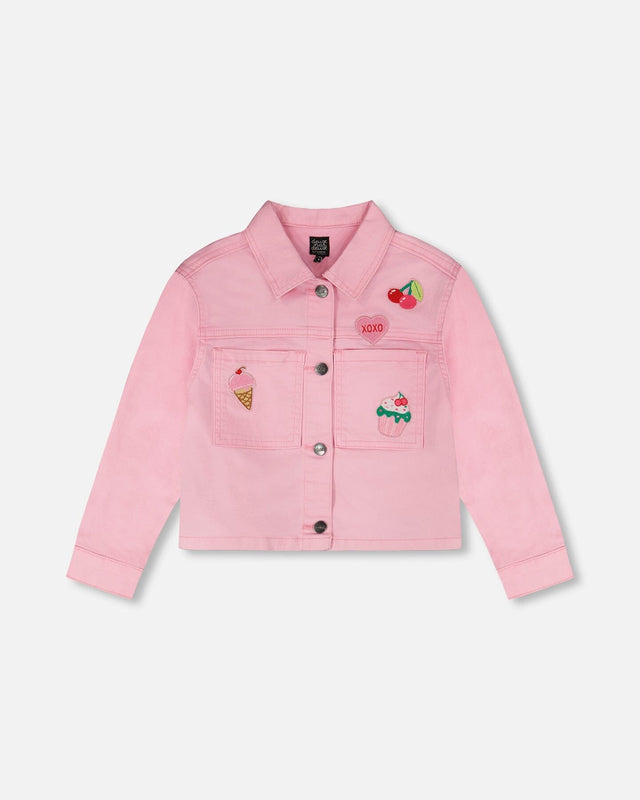 Pink Denim Jacket With Embroidered Patches-0