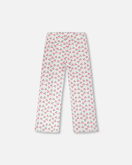 Rib Flare Leg Leggings White Printed Cherries-1