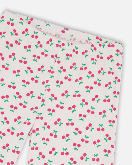 Rib Flare Leg Leggings White Printed Cherries-2