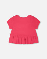 Rib Crop T-Shirt With Frill Pink-1