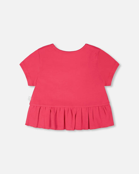 Rib Crop T-Shirt With Frill Pink-1