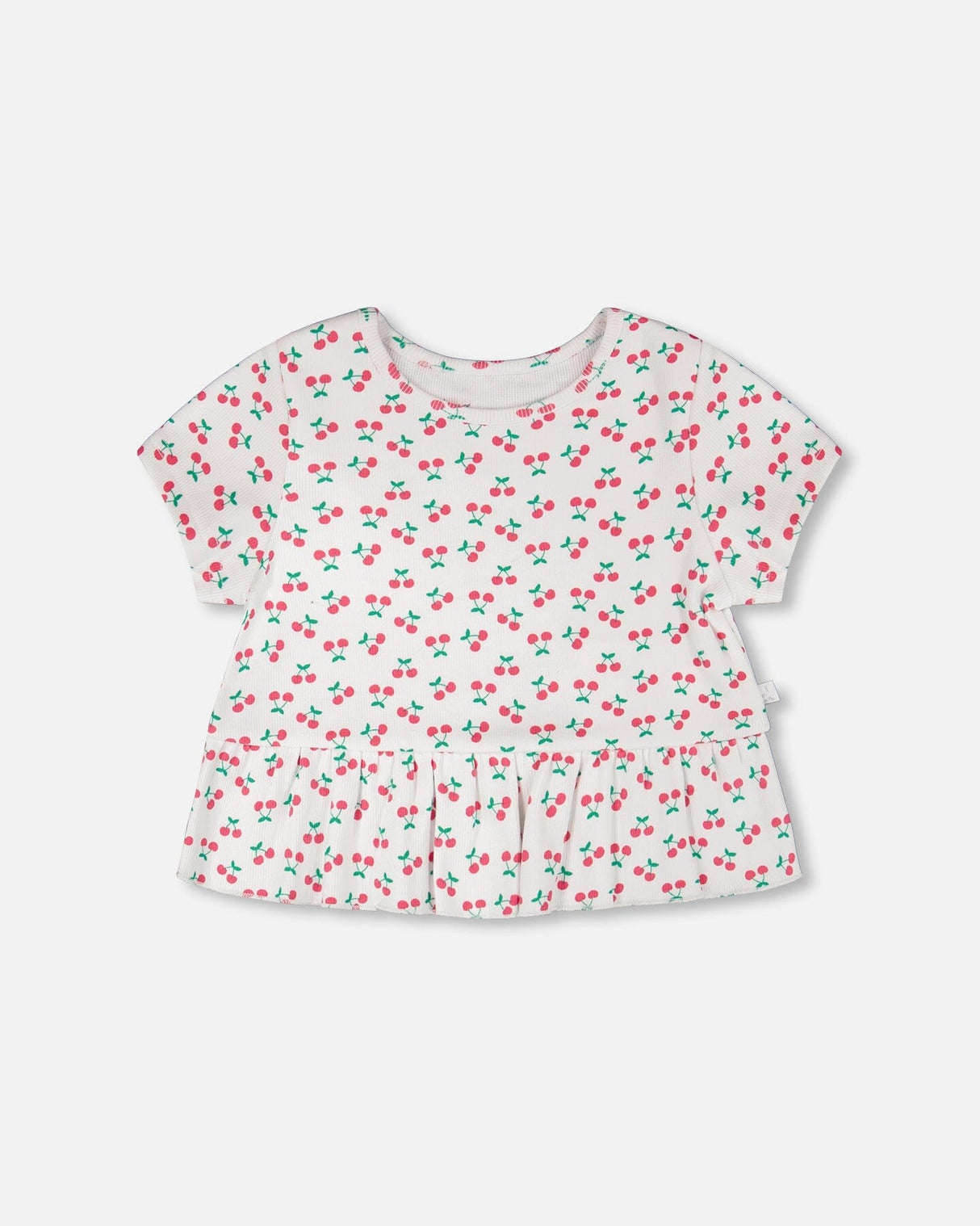 Rib Crop T-Shirt With Frill White Printed Cheeries-0