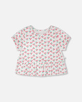 Rib Crop T-Shirt With Frill White Printed Cheeries-0