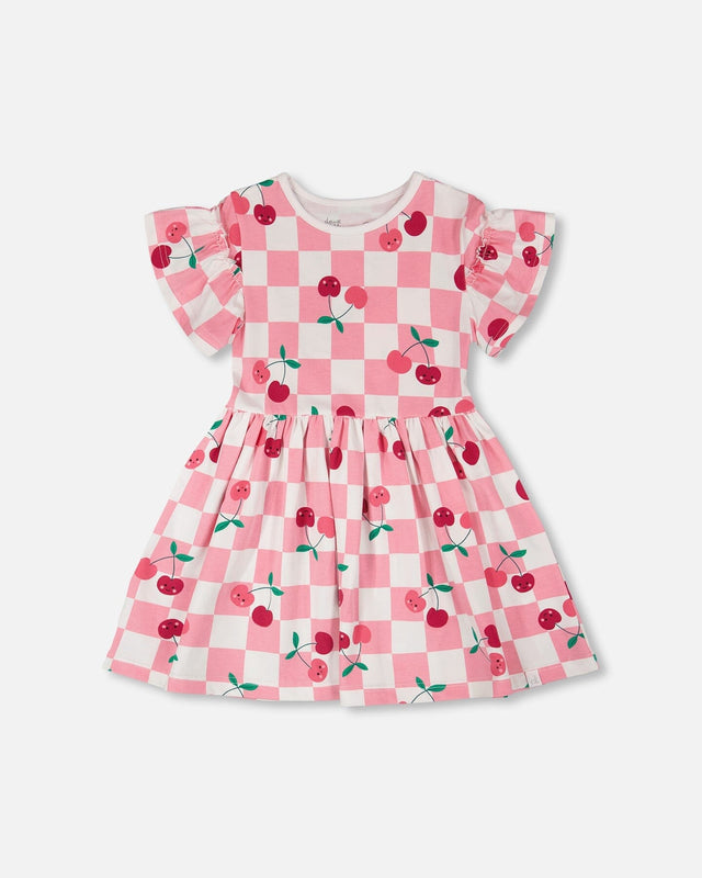 Organic Cotton Jersey Dress Pink Printed Cherries-0