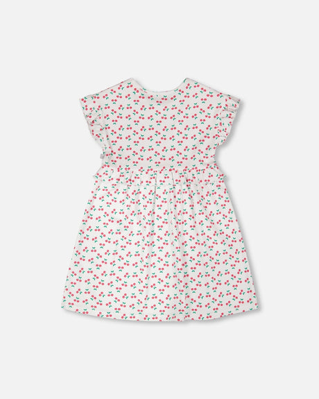 Cotton Rib Dress White Printed Cherries-1