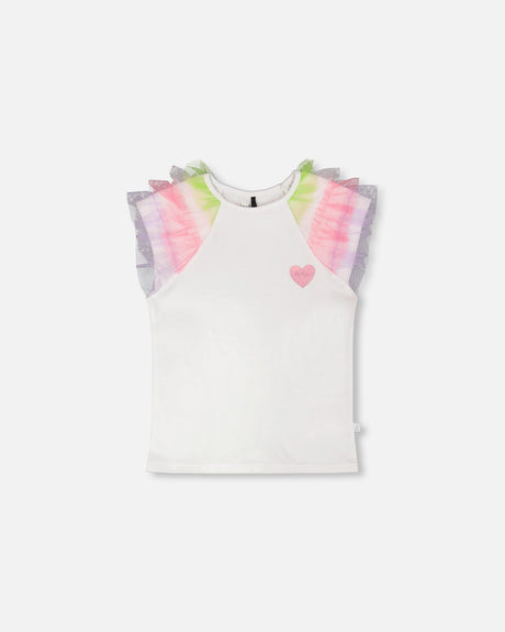 Organic Cotton Jersey T-Shirt White With Multicolor Mesh Sleeves-0