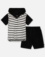 Hooded Terry T-Shirt With Shorts Set Black And White Stripes-0