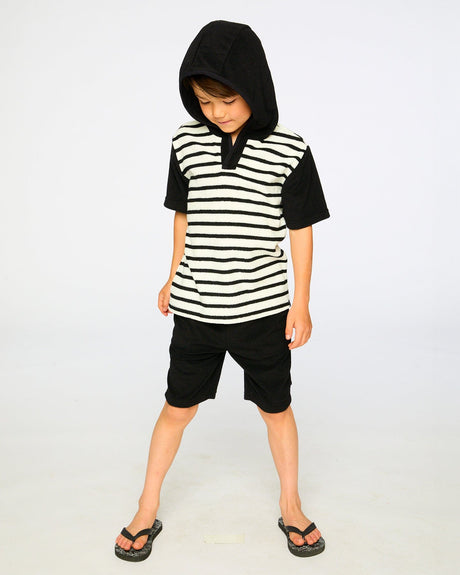Hooded Terry T-Shirt With Shorts Set Black And White Stripes-2