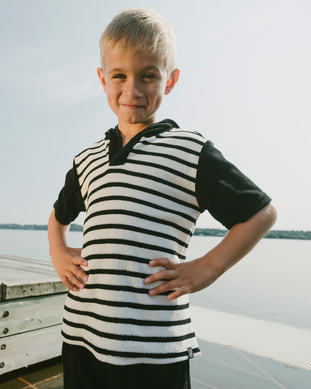 Hooded Terry T-Shirt With Shorts Set Black And White Stripes-1