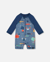Baby And Toddler One-Piece Long Sleeve Rashguard Blue Printed Marine Animals-0
