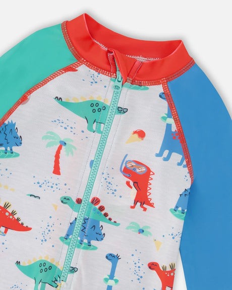 Deux par Deux Baby And Toddler One-Piece Long Sleeve Rashguard Grey Baby Dinosaur Print