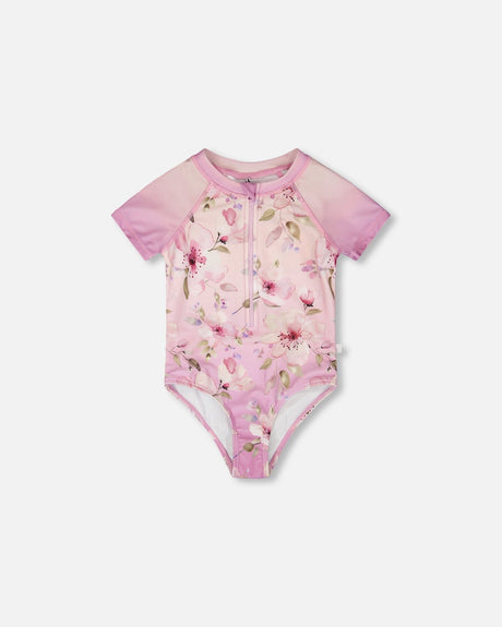 One-Piece Swimsuit Purple Flower Print-0