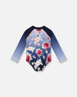 One-Piece Long Sleeve Rashguard Blue Rose Print-3