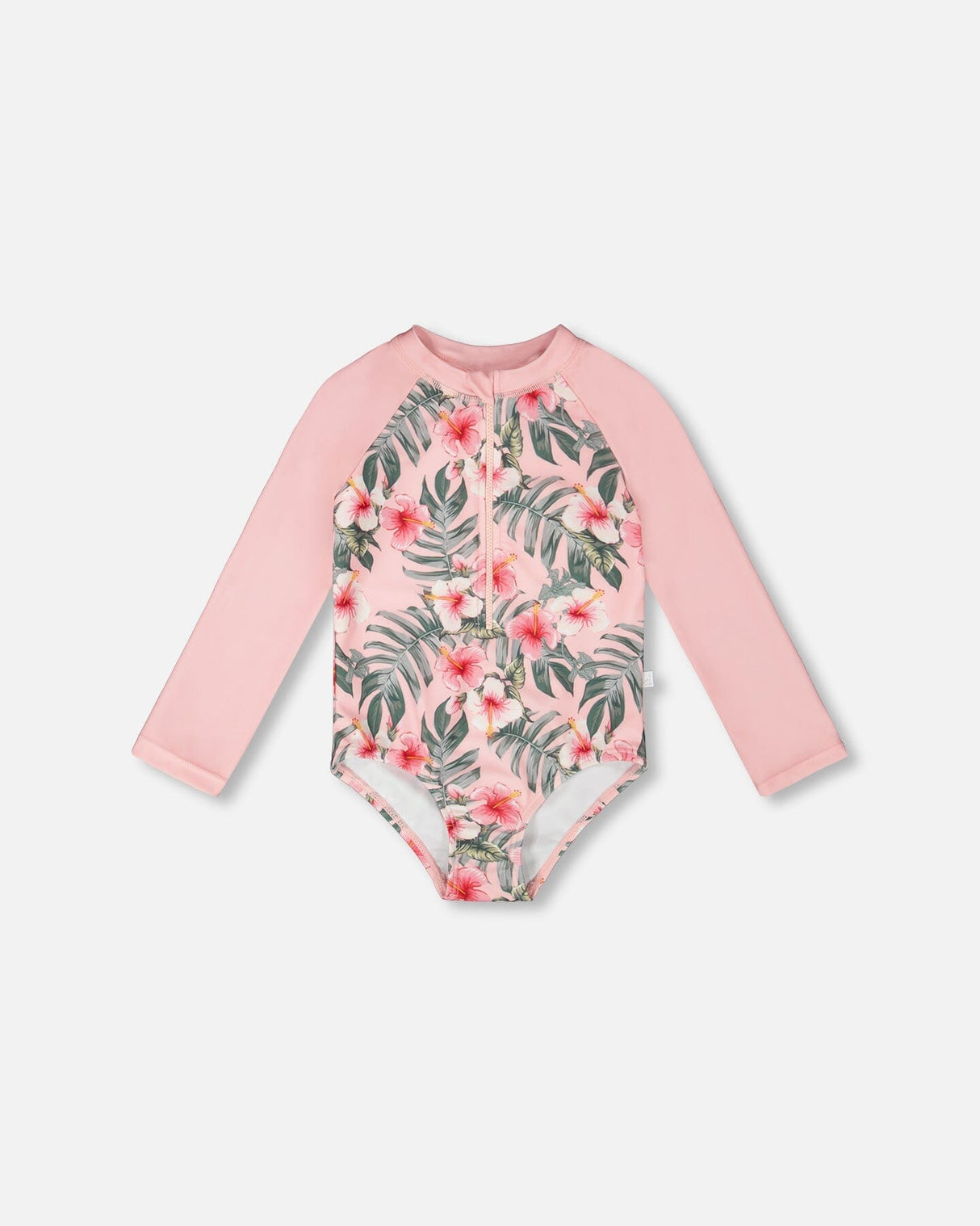 One-Piece Long Sleeve Rashguard Pink Hibiscus Print-0