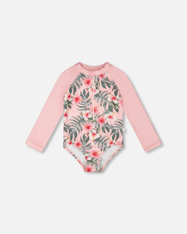 One-Piece Long Sleeve Rashguard Pink Hibiscus Print-0