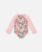 One-Piece Long Sleeve Rashguard Pink Hibiscus Print-3