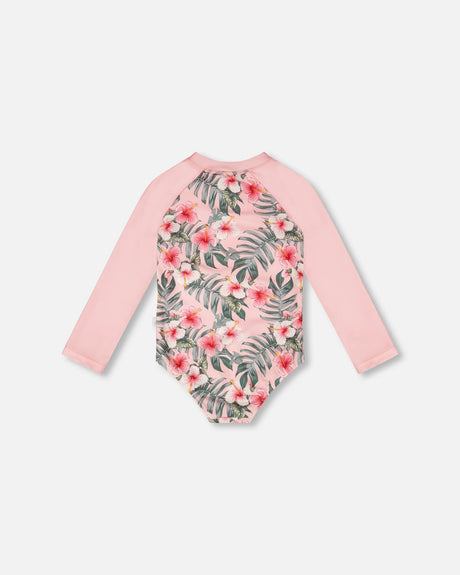 One-Piece Long Sleeve Rashguard Pink Hibiscus Print-3